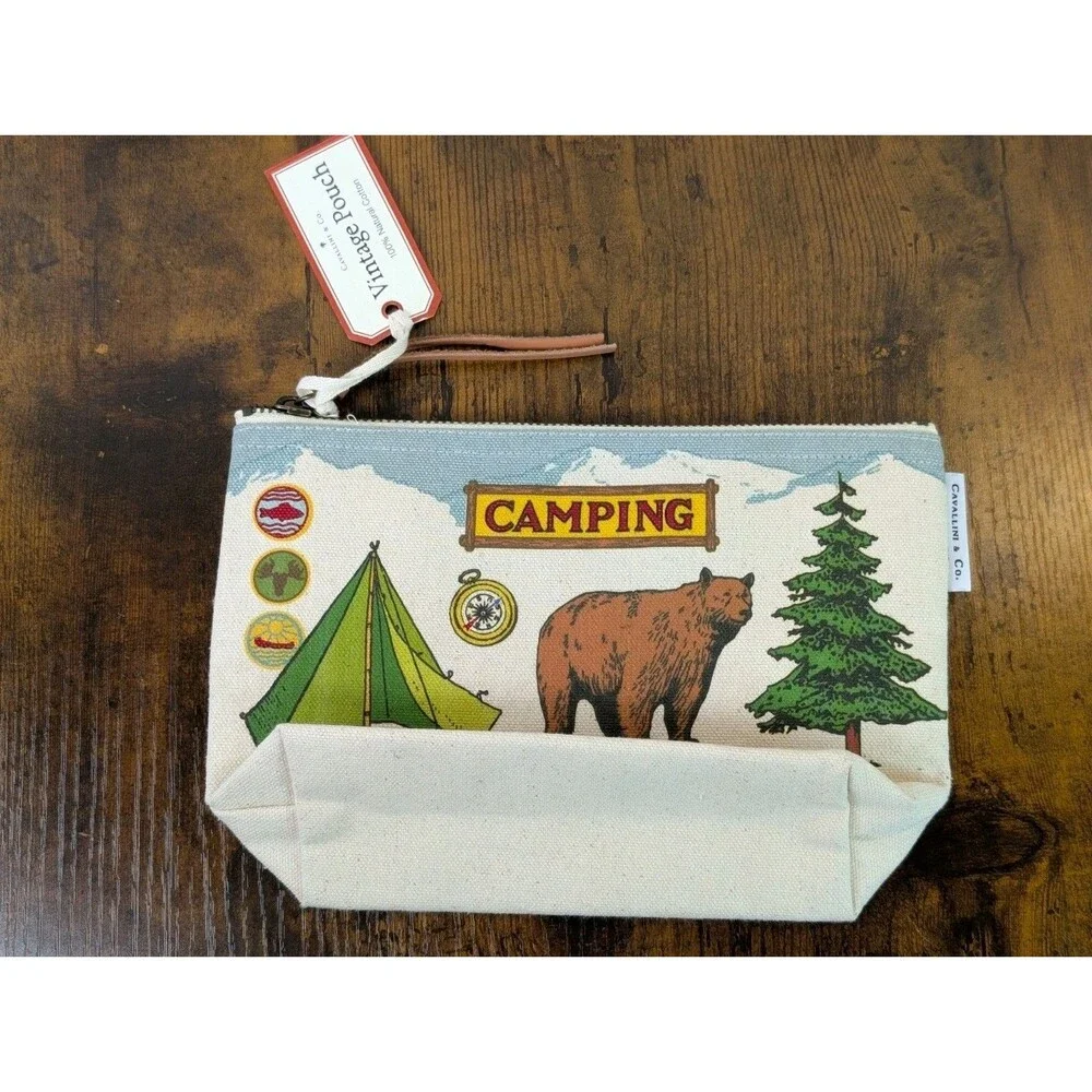 Cavallini & Co Vintage Camping Pouch Canvas Zipper Bag Bear Canoe National Parks